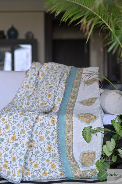 Assam, Vintage Green & Yellow Floral Block Print Quilt Handmade 100X92"