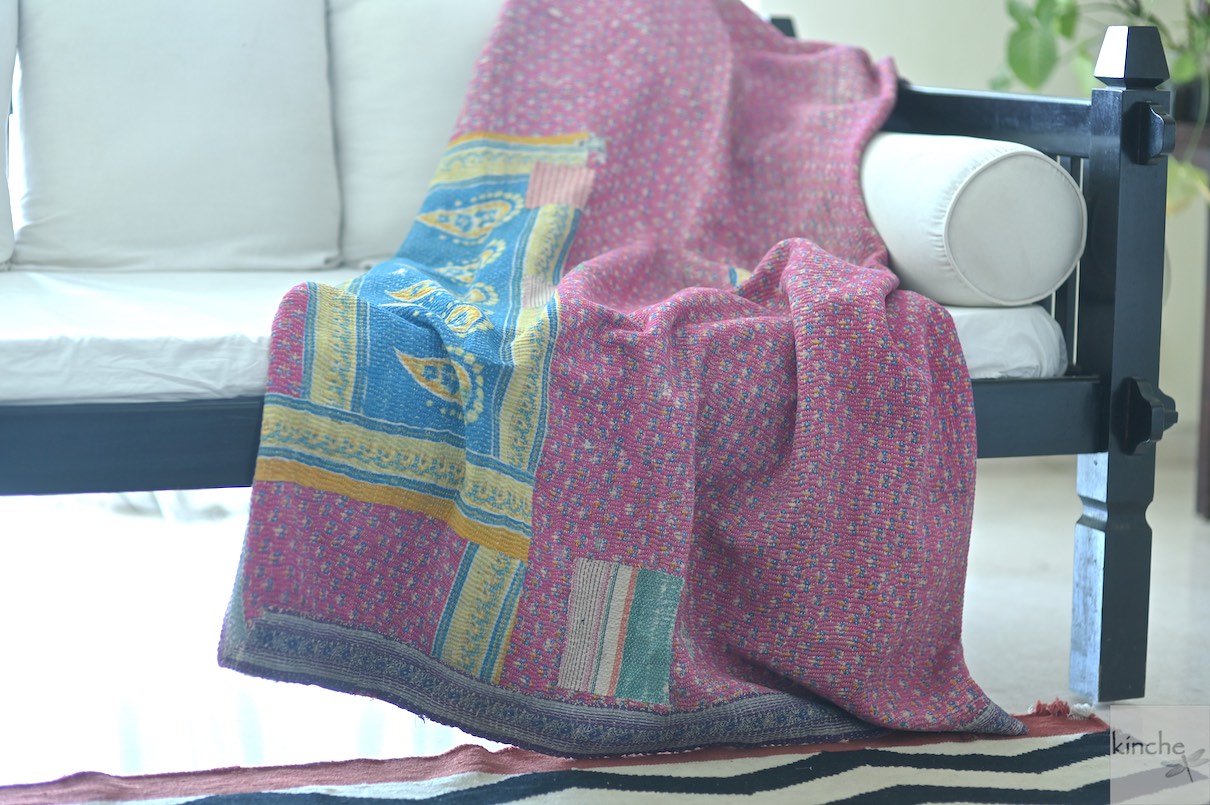 Dausa, Rare kantha Collectible Quilt in Medium to Heavy Weight and Embroidery - kinchecom