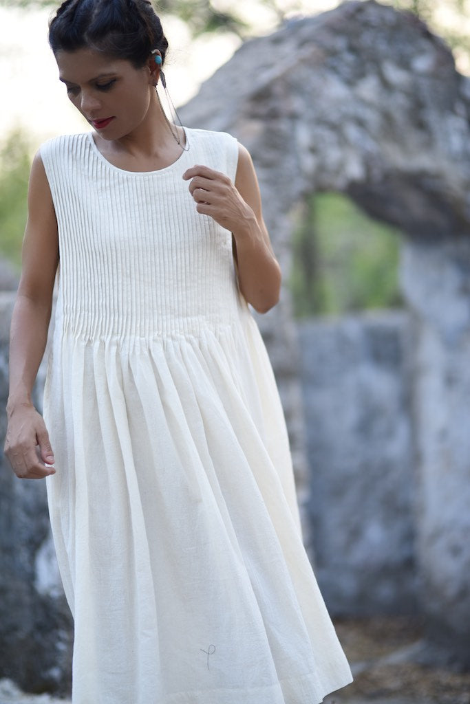 Corum Pure Khadi Muslin, Handmade, Unbleached Dress with Pleats on Chest - kinchecom