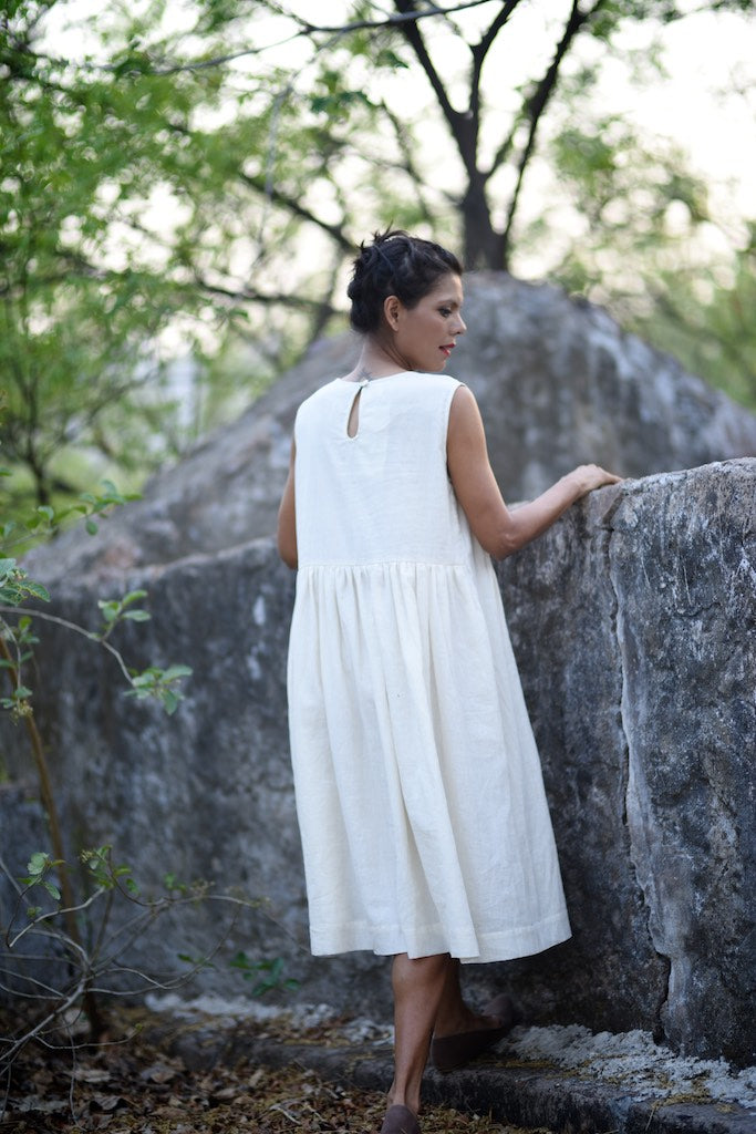 Corum Pure Khadi Muslin, Handmade, Unbleached Dress with Pleats on Chest - kinchecom