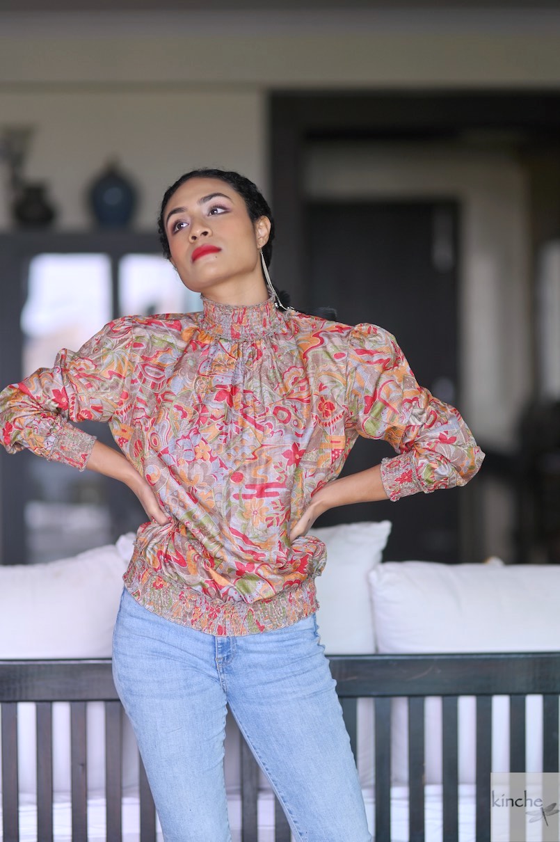 Megha, Retro Abstract Print, Silk Blouse with Smocking