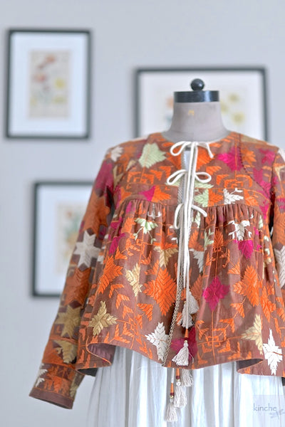 Medium, Rani Jind Kaur, Handmade Vintage Phulkari Cropped Boho Jacket - kinchecom