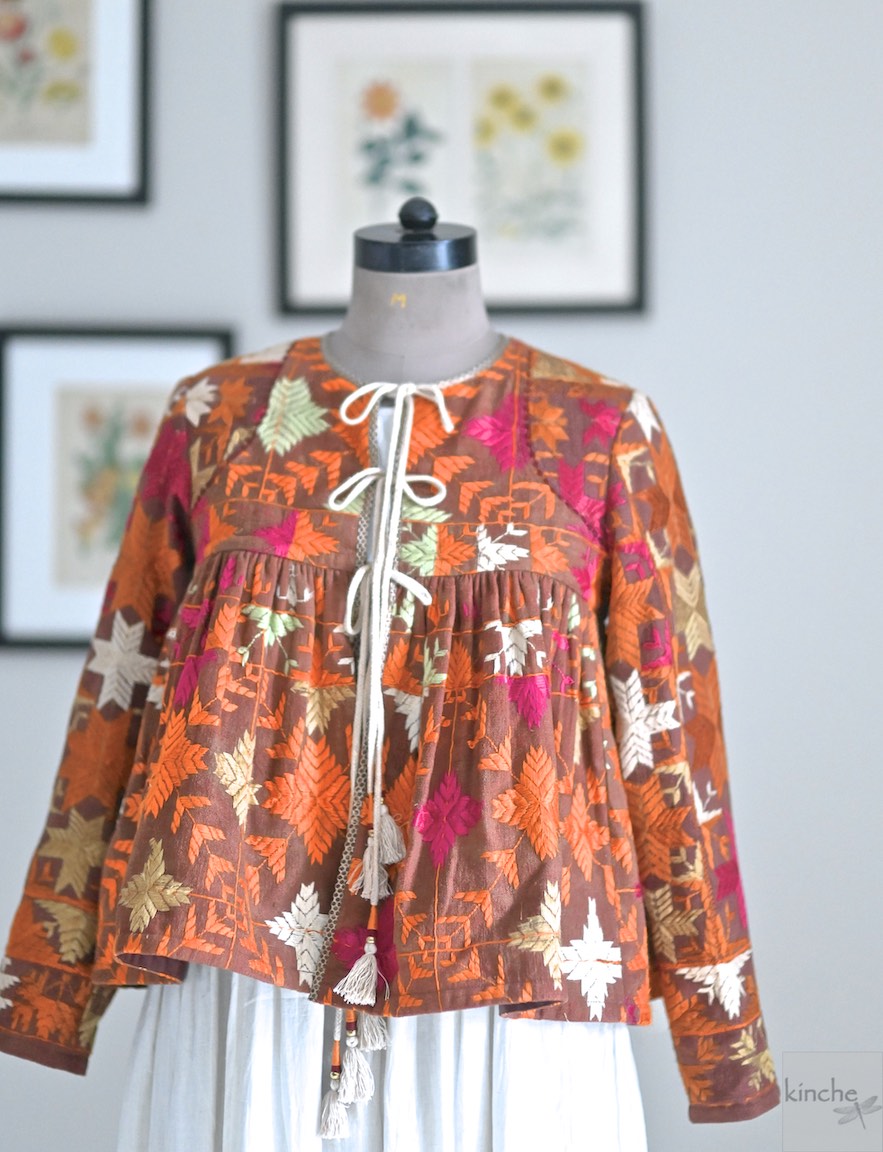 Medium, Rani Jind Kaur, Handmade Vintage Phulkari Cropped Boho Jacket - kinchecom