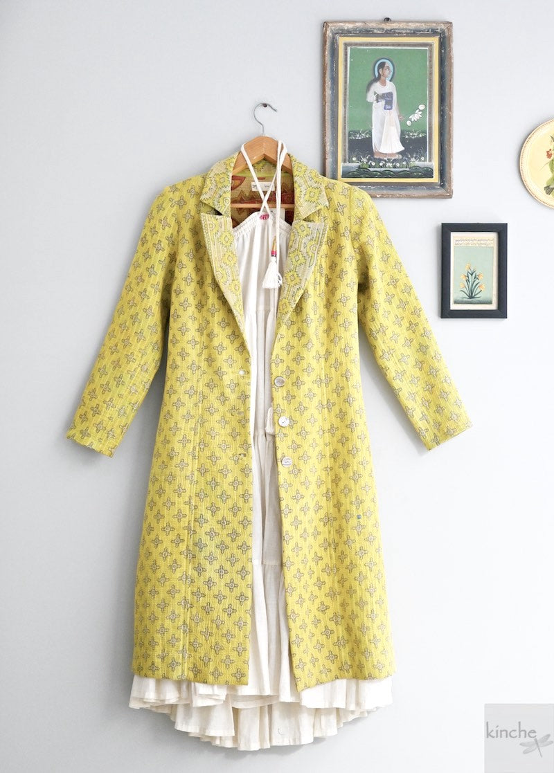 Adya, Vintage Quilt Long Coat with Brass Buttons, Sustainably Made, Bust 38 Inches - kinchecom