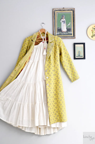 Adya, Vintage Quilt Long Coat with Brass Buttons, Sustainably Made, Bust 38 Inches - kinchecom