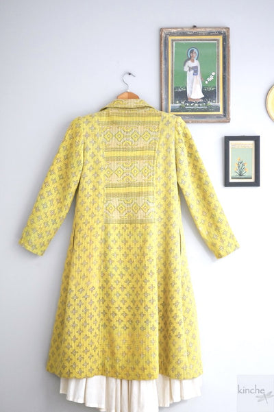 Adya, Vintage Quilt Long Coat with Brass Buttons, Sustainably Made, Bust 38 Inches