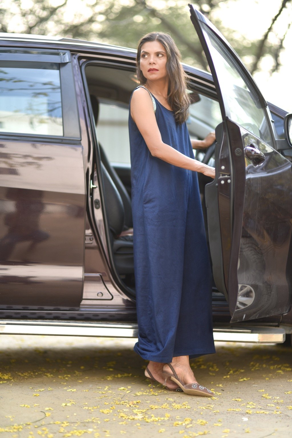 Moscow, Organic Cotton Maxi Dress in navy Blue, Embroidered at Shoulder - kinchecom