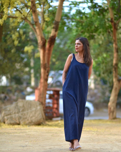 Moscow, Organic Cotton Maxi Dress in navy Blue, Embroidered at Shoulder - kinchecom