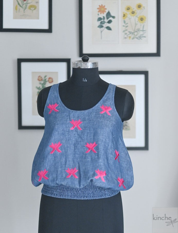 Abelia, Linen Blouse with Hand Embroidered Phulkari pattern in Fuchsia - kinchecom