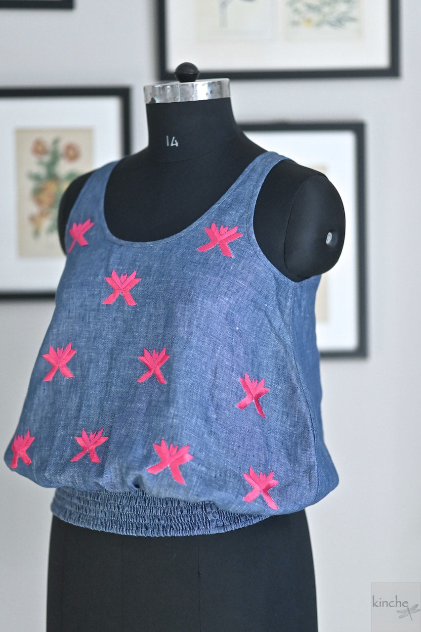 Abelia, Linen Blouse with Hand Embroidered Phulkari pattern in Fuchsia - kinchecom
