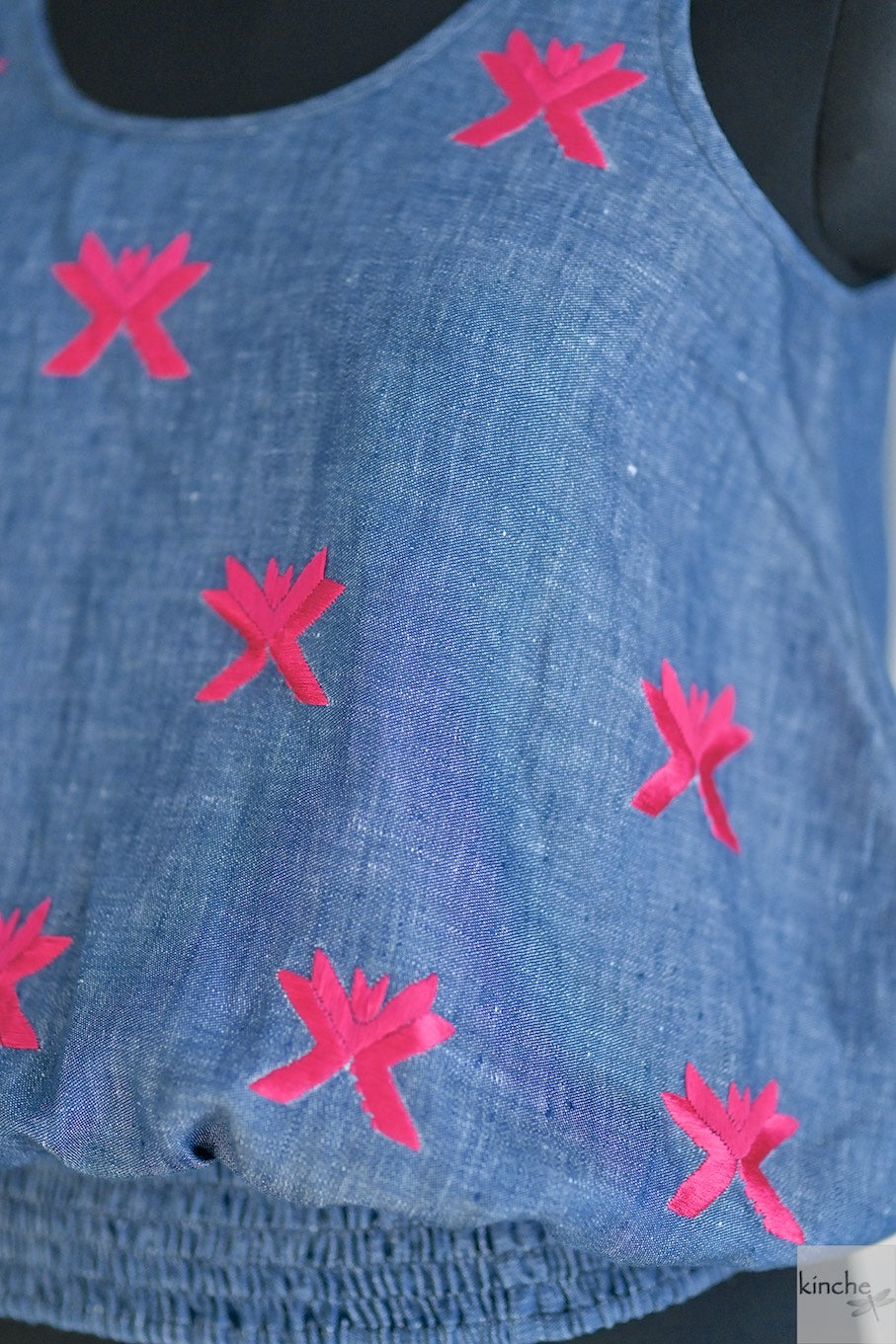 Abelia, Linen Blouse with Hand Embroidered Phulkari pattern in Fuchsia - kinchecom