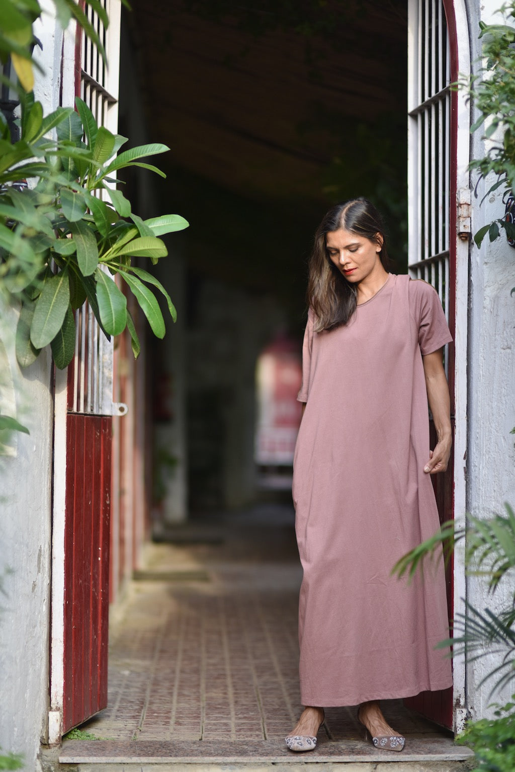 Sofia, Organic Cotton Jersey Maxi Dress in Dusty Rose, Embroidered at Shoulder - kinchecom