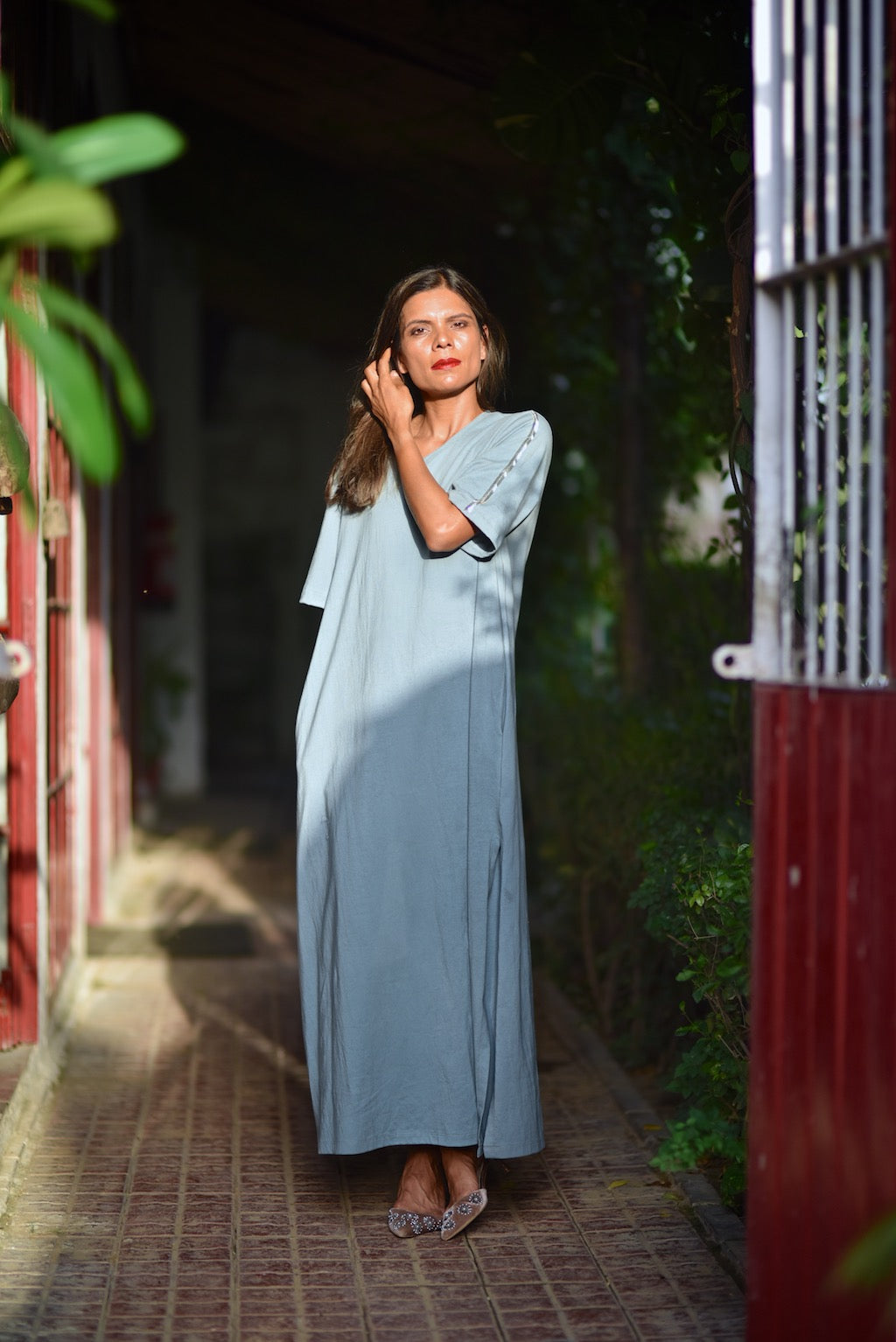Sofia, Organic Cotton Jersey Maxi Dress in Dusty Blue, Embroidered at Shoulder - kinchecom