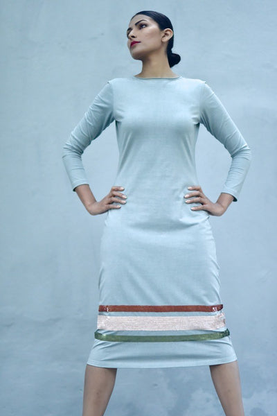 Singapore, Organic Cotton Jersey Long Dress with Sequins Work in Blue - kinchecom