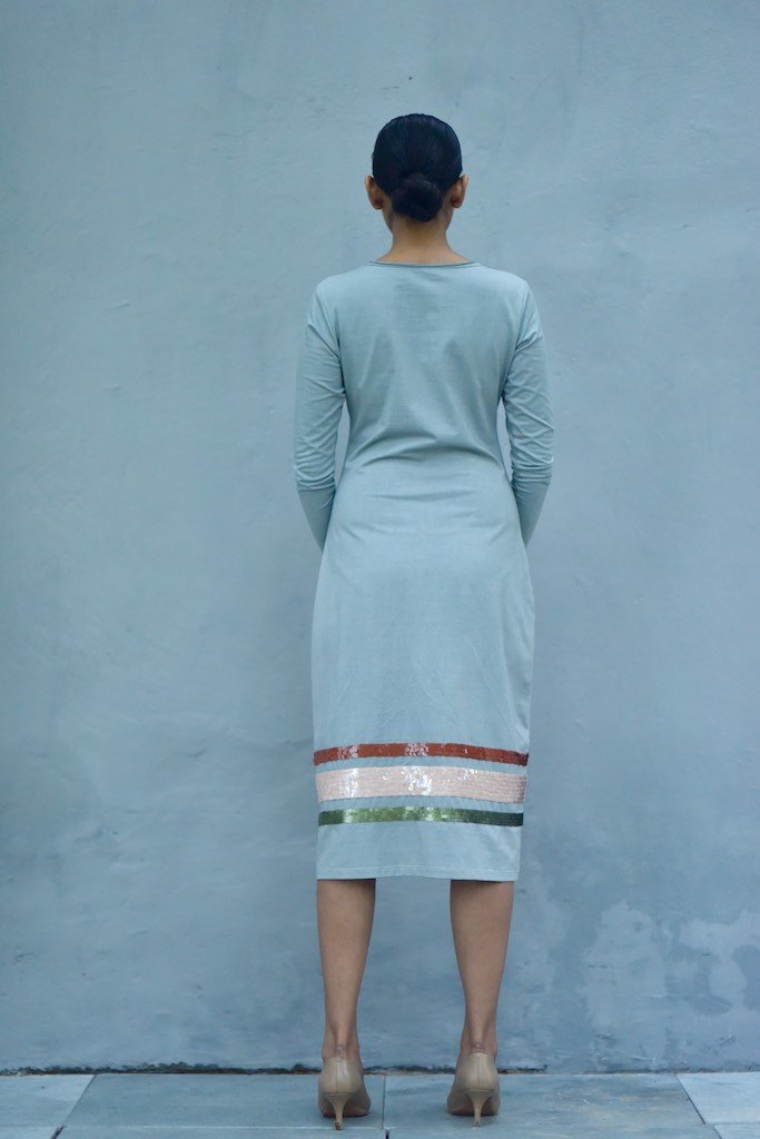 Singapore, Organic Cotton Jersey Long Dress with Sequins Work in Blue - kinchecom