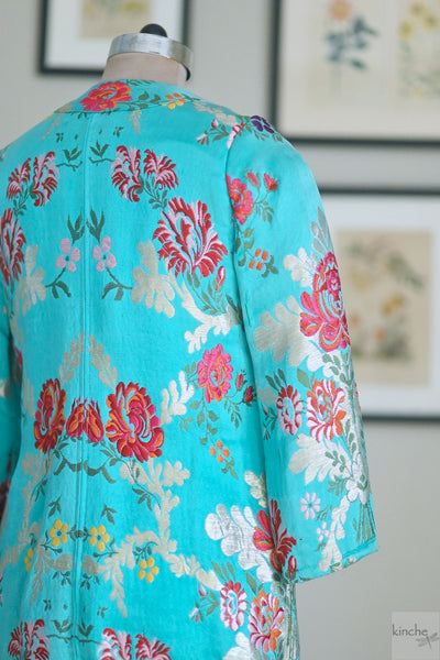 S/M Resoor, Hand Crafted Pure Brocade Thigh Length Jacket in Tiffany Blue - kinchecom