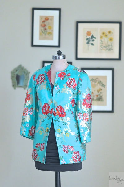 S/M Resoor, Hand Crafted Pure Brocade Thigh Length Jacket in Tiffany Blue - kinchecom