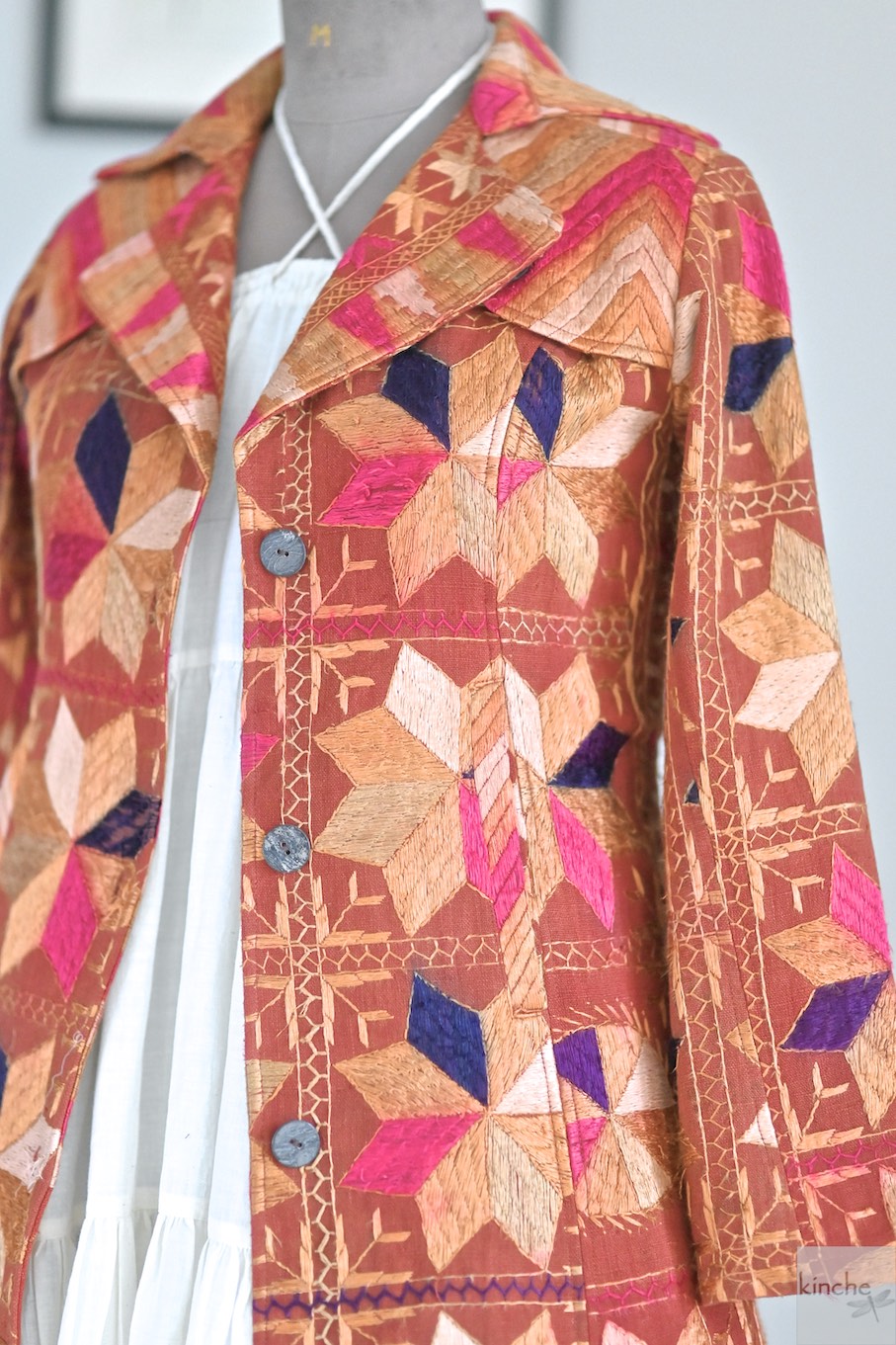 Tripta Kaur, Size Medium/Small Vintage Phulkari Trench Jacket, One of a Kind - kinchecom