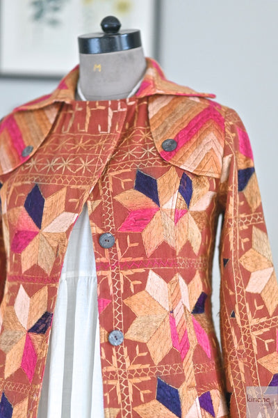 Tripta Kaur, Size Medium/Small Vintage Phulkari Trench Jacket, One of a Kind - kinchecom