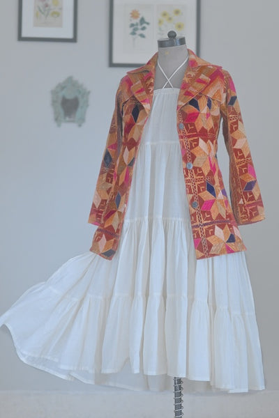 Konkan Off White, Handmade, Flared Cotton Khadi Dress, Wide Flare & Tiered - kinchecom
