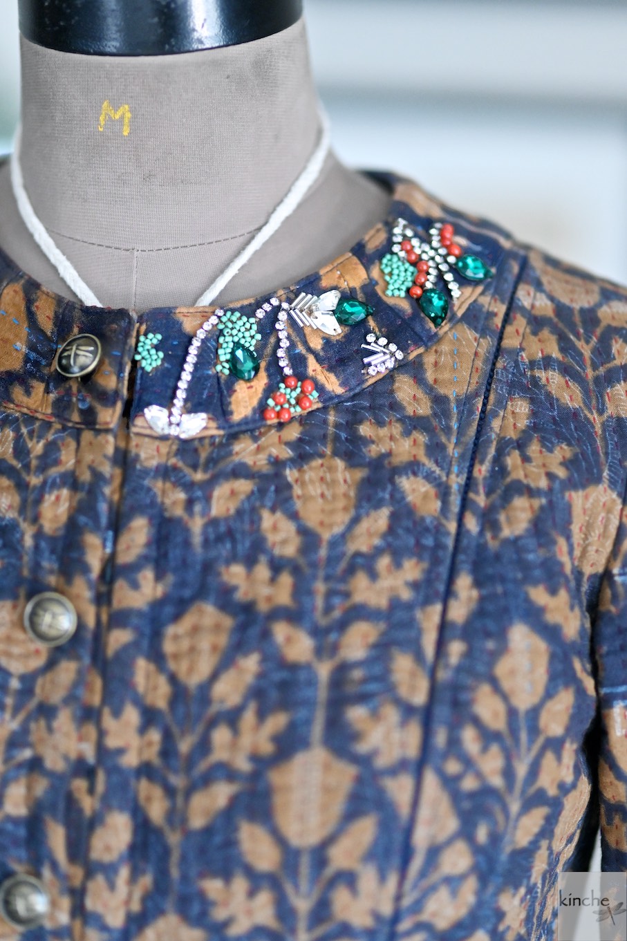 Medium/Kempler, Long Kantha Coat in Indigo with Swarovski Embroidery at Collar - kinchecom