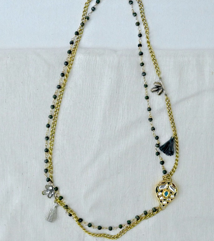 Blythe, Kundan/Polki Pendant, Brass Chain, Glass Beads & Tassels Necklace - kinchecom