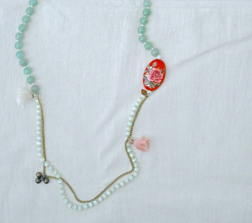 Amelia, Aventurine Semi Precious Beads, Japanese Bead & Brass Beaded Necklace - kinchecom