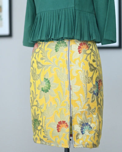 Firdaus, Yellow Gyasar Silk Skirt, Hand Woven in Size Small - kinchecom