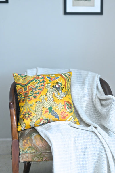 Ahar, Brocade Silk Cushion in Yellow Dragon Weaving 16X16 Inches - kinchecom