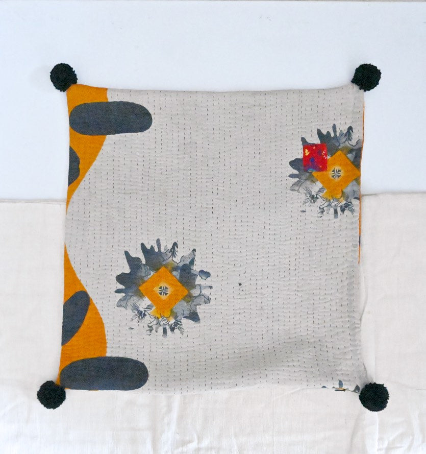 Ganga, Color  Vintage Kantha Cushion Cover 20X20" with pom Poms