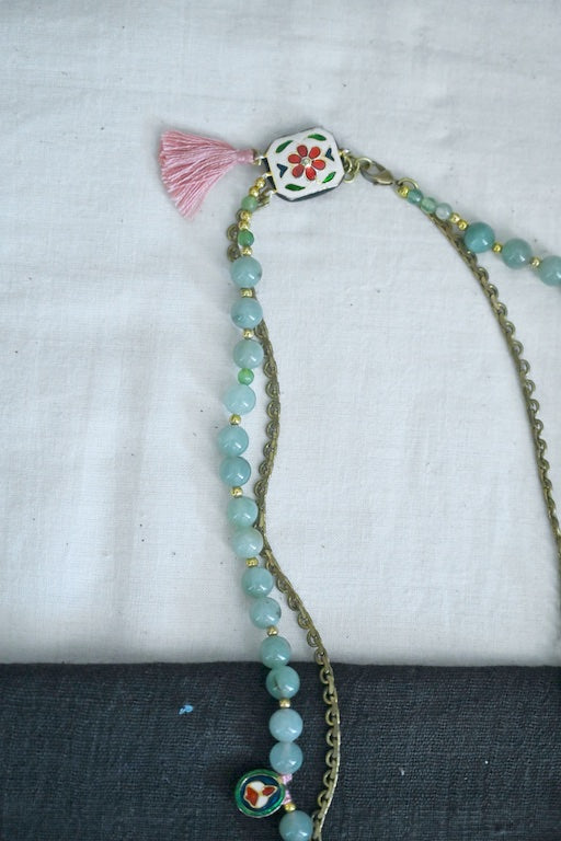 Skrose, Aventurine Semi Precious Beads, Japanese Bead & Brass Beaded Necklace - kinchecom