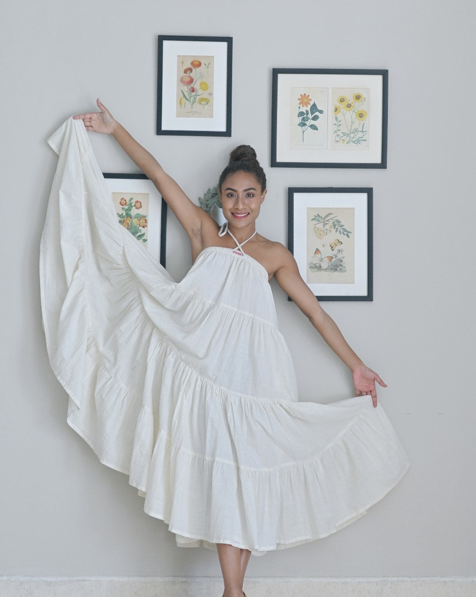 Konkan Off White, Handmade, Flared Cotton Khadi Dress, Wide Flare & Tiered - kinchecom
