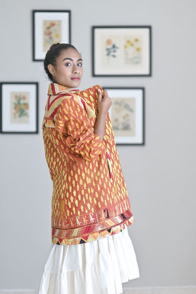 Large, Paramjeet,  Women Trench Jacket in Vintage Phulkari Fabric - kinchecom