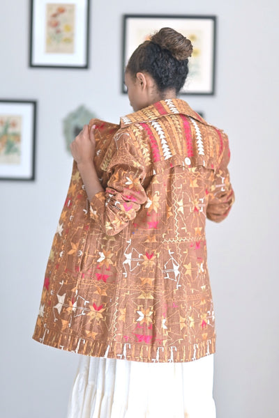 Inderjeet Kaur, Size Medium/Small Vintage Phulkari Trench Jacket, One of a Kind - kinchecom
