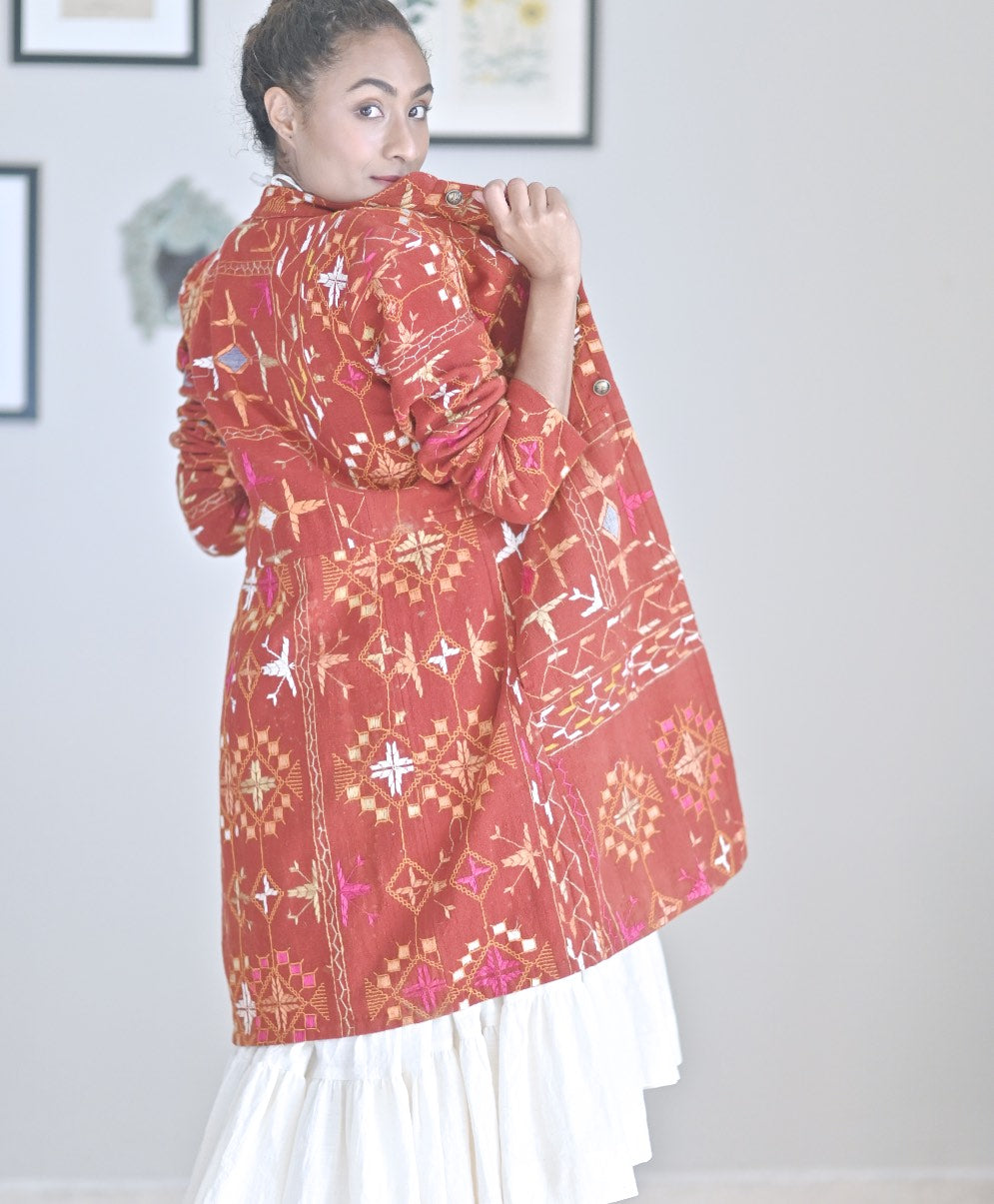 Amrita Pritam, Size Small Jacket Made of Antique Phulkari Chaddar/ One of a Kind - kinchecom