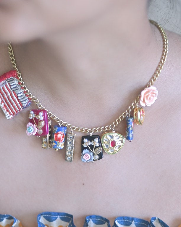 Genevive, Kundan, Japanese Beads, Brass, Fabric Beads & Vintage Handmade Beads Necklace - kinchecom