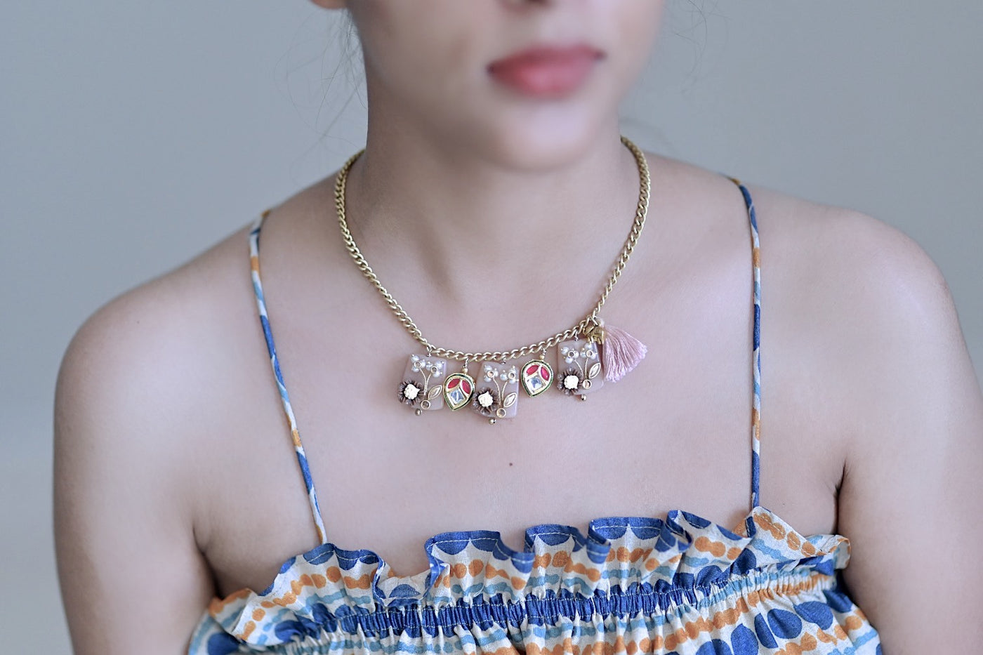 Beatrice, handmade Vintage Style, Brass and Marble Beads Necklace - kinchecom