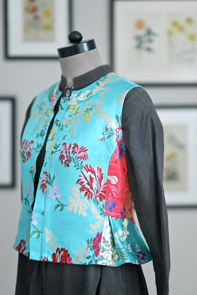 Canopus, Brocade Silk Sleveless Jacket in Tiffany Green Color - kinchecom