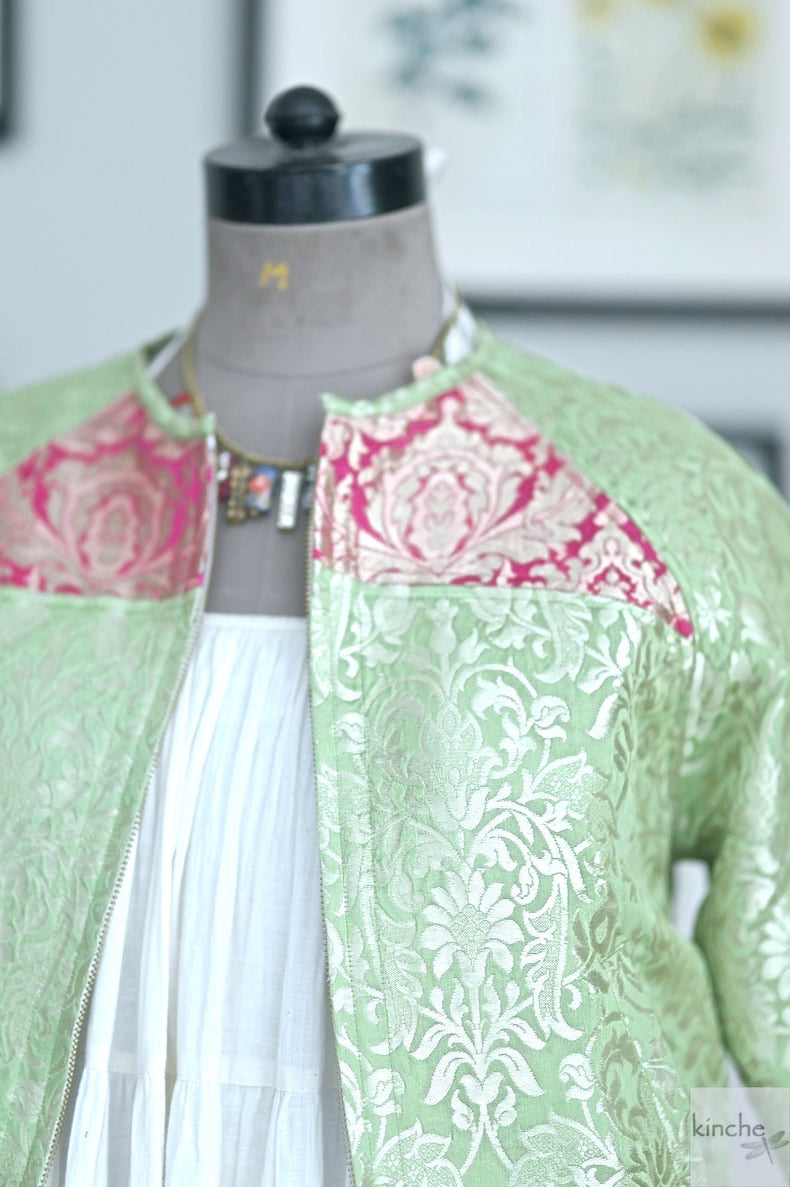 Palden, Silk Brocade Bomber Jacket, Handmade, Green and Pink Silk Bomber Jacket, Luxury Clothing - kinchecom