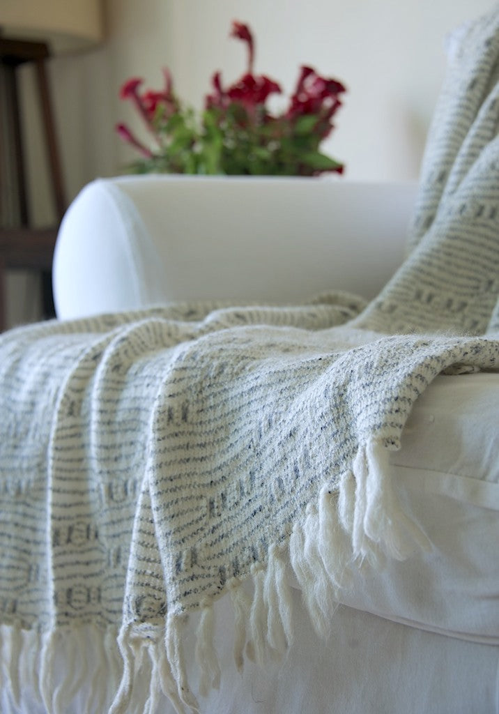 Alexa, Lambs Wool Knitted Throw/ Blanket Off White and Grey  50X70 inches - kinchecom
