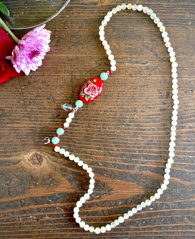 Chloe, Aventurine Semi Precious Beads, Japanese Bead, Agate, & Brass Beaded Necklace - kinchecom