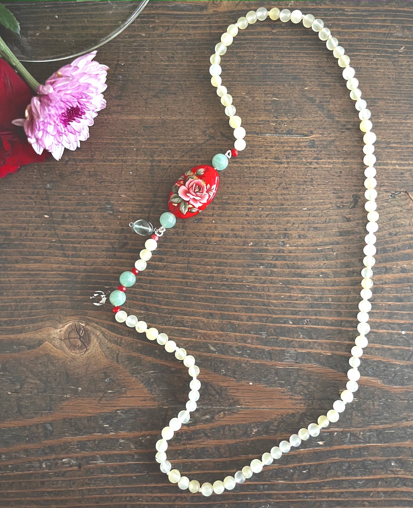 Chloe, Aventurine Semi Precious Beads, Japanese Bead, Agate, & Brass Beaded Necklace - kinchecom