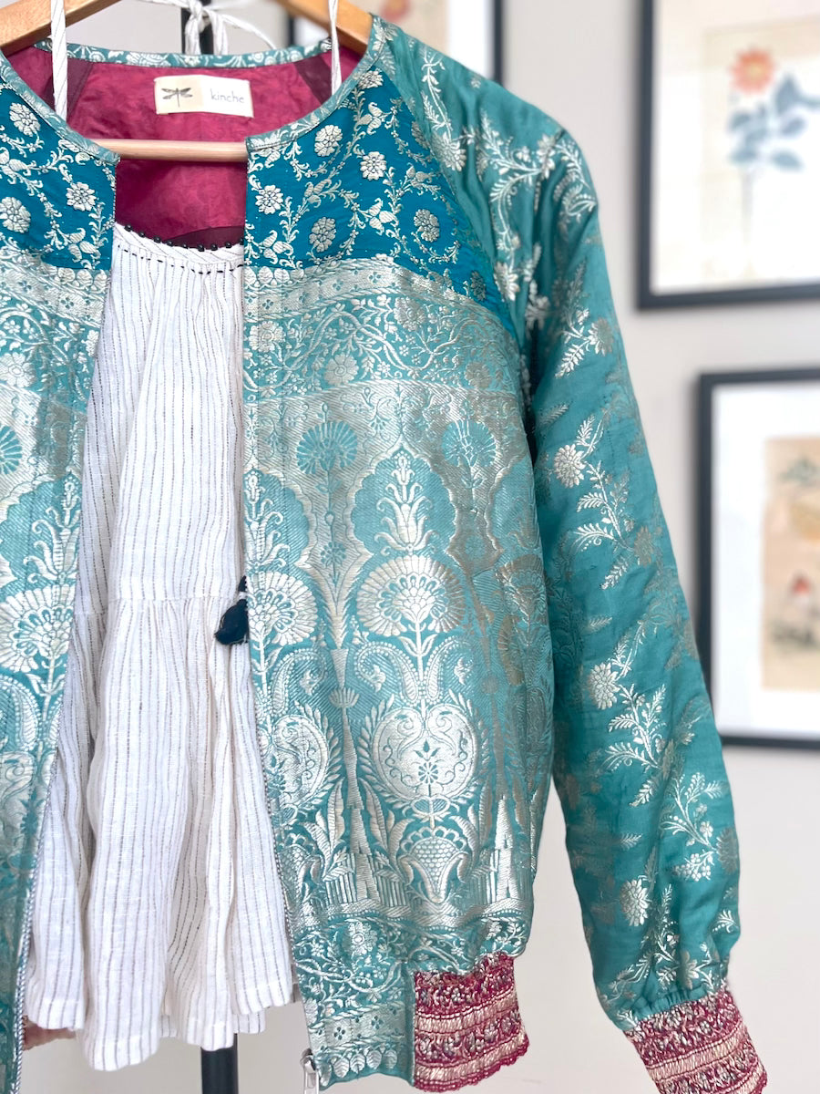 Paro, Sustainably made with Vintage Brocade Saree, Bomber Jacket in Silk - kinchecom