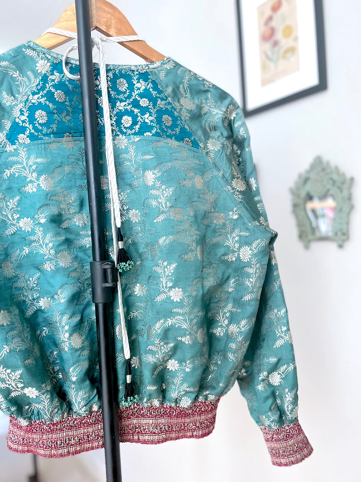 Paro, Sustainably made with Vintage Brocade Saree, Bomber Jacket in Silk - kinchecom