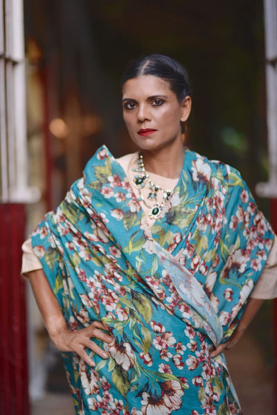 Periyar, Organic Linen, Beautiful Floral Print Saree in Turquoise & Pink - kinchecom