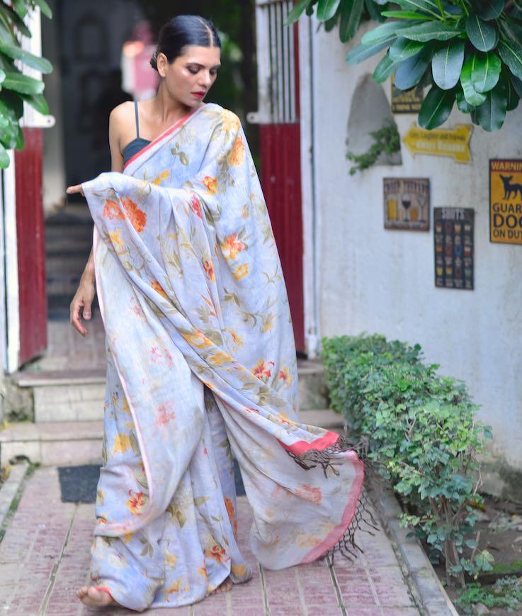 Paje, Organic Linen Saree in a Beautiful Lilac Base and a Contrast print - kinchecom