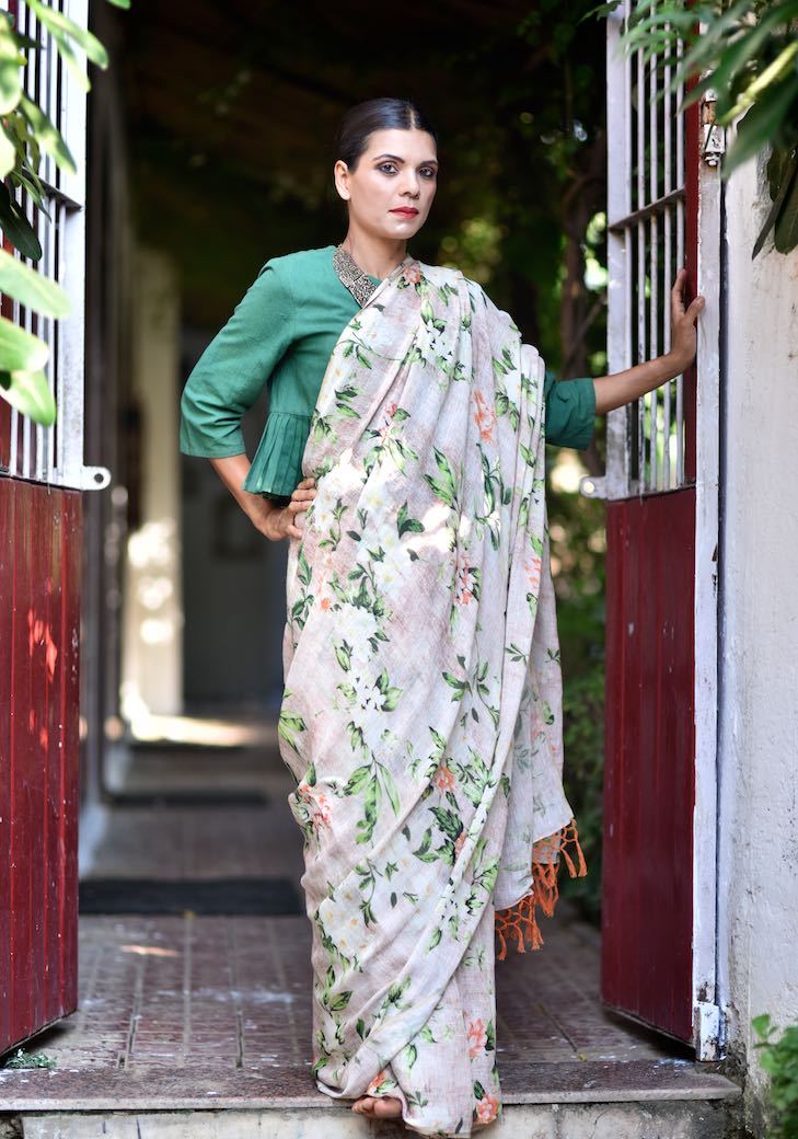 Pench, Organic Linen Saree with Floral Print and Tassels - kinchecom