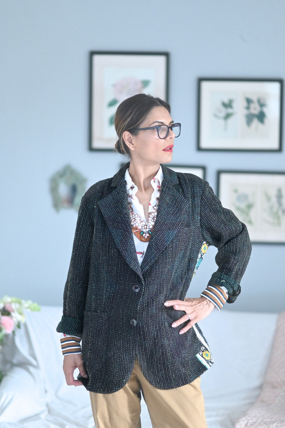 X-Large Size, Kendall Oversized Boyfriend Blazer, Jacket Made with Vintage Kantha Fabric - kinchecom