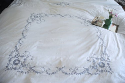 Vintage Cutwork Pattern, Grey on White Hand Embroidered Duvet Cover King Size 102x98" - kinchecom
