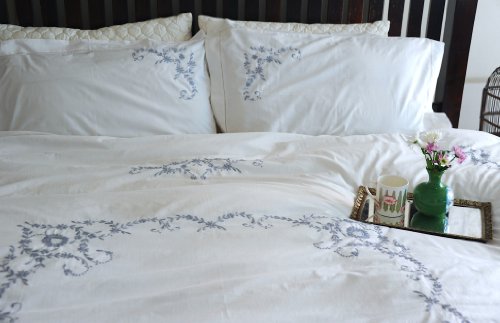 Vintage Cutwork Pattern, Grey on White Hand Embroidered Duvet Cover King Size 102x98" - kinchecom